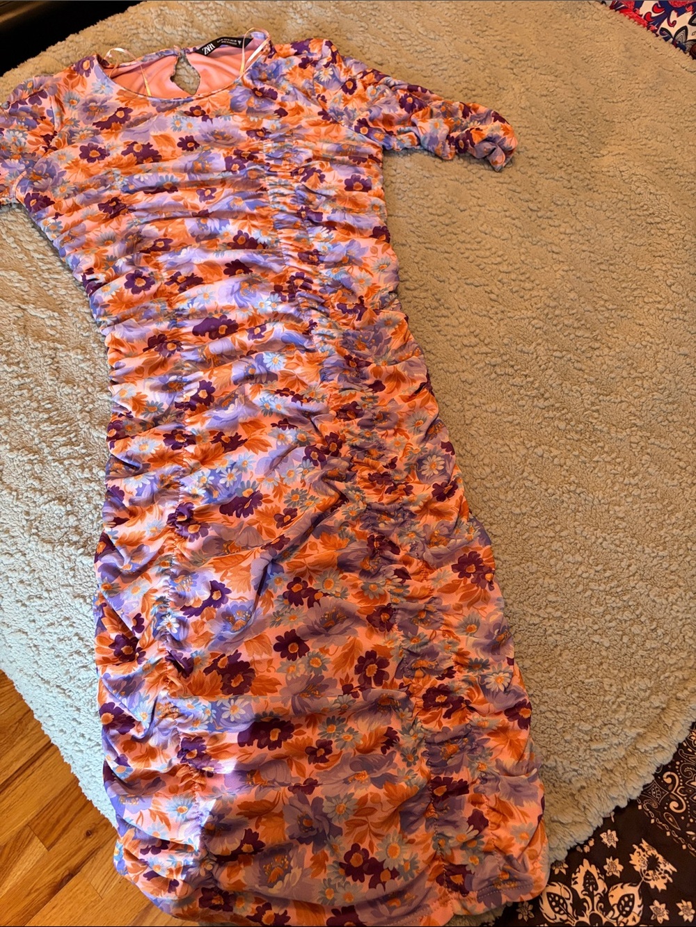 Zara Orange & Lavender Floral Ruched Midi Dress